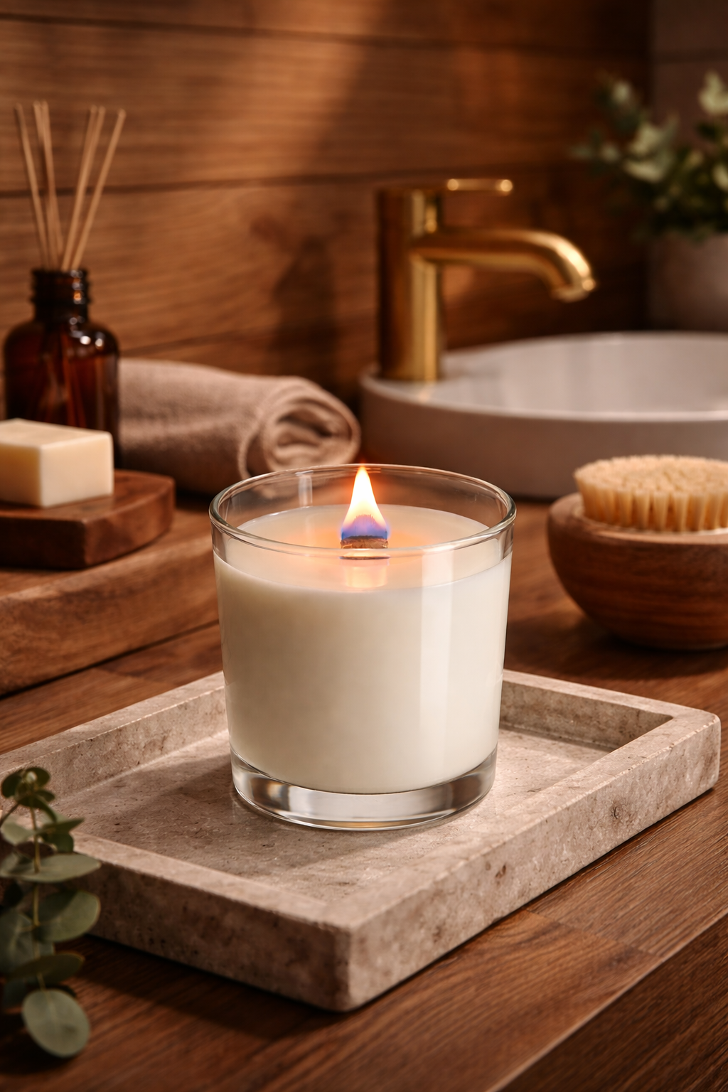 Candle in a glass on a stone tray with a wooden background